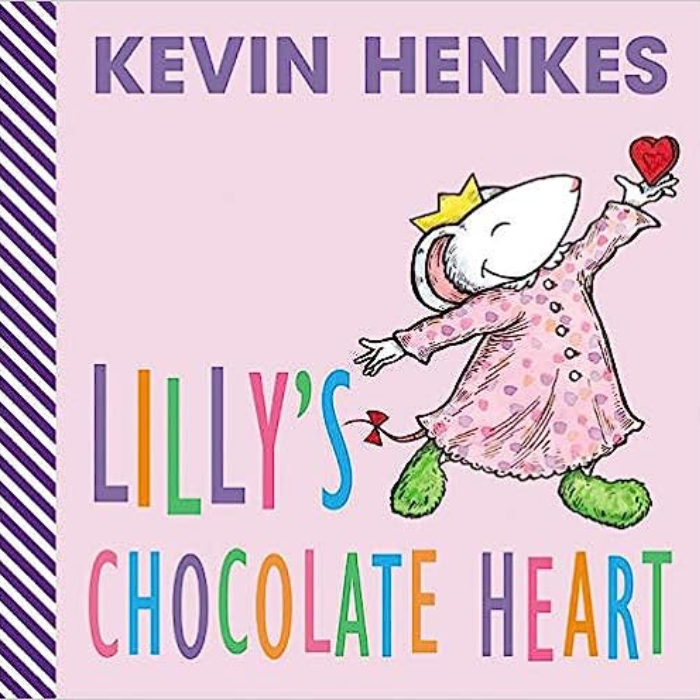 Lilly's Chocolate Heart cover art. Illustration of mouse with crown on holding a heart in the sky.