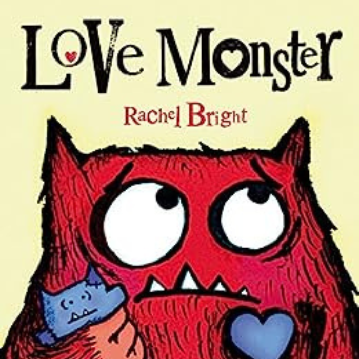 Love Monster cover art. Illustration of red monster holding stuffed animal with a purple heart.