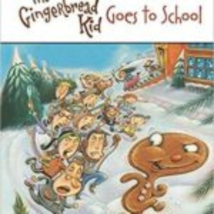 The Gingerbread Kid Goes to School cover art. Image of gingerbread man running away from a school with a brood of people chasing him.