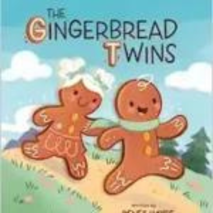The Gingerbread Twins cover art. Image of boy and girl gingerbread people running along a path.