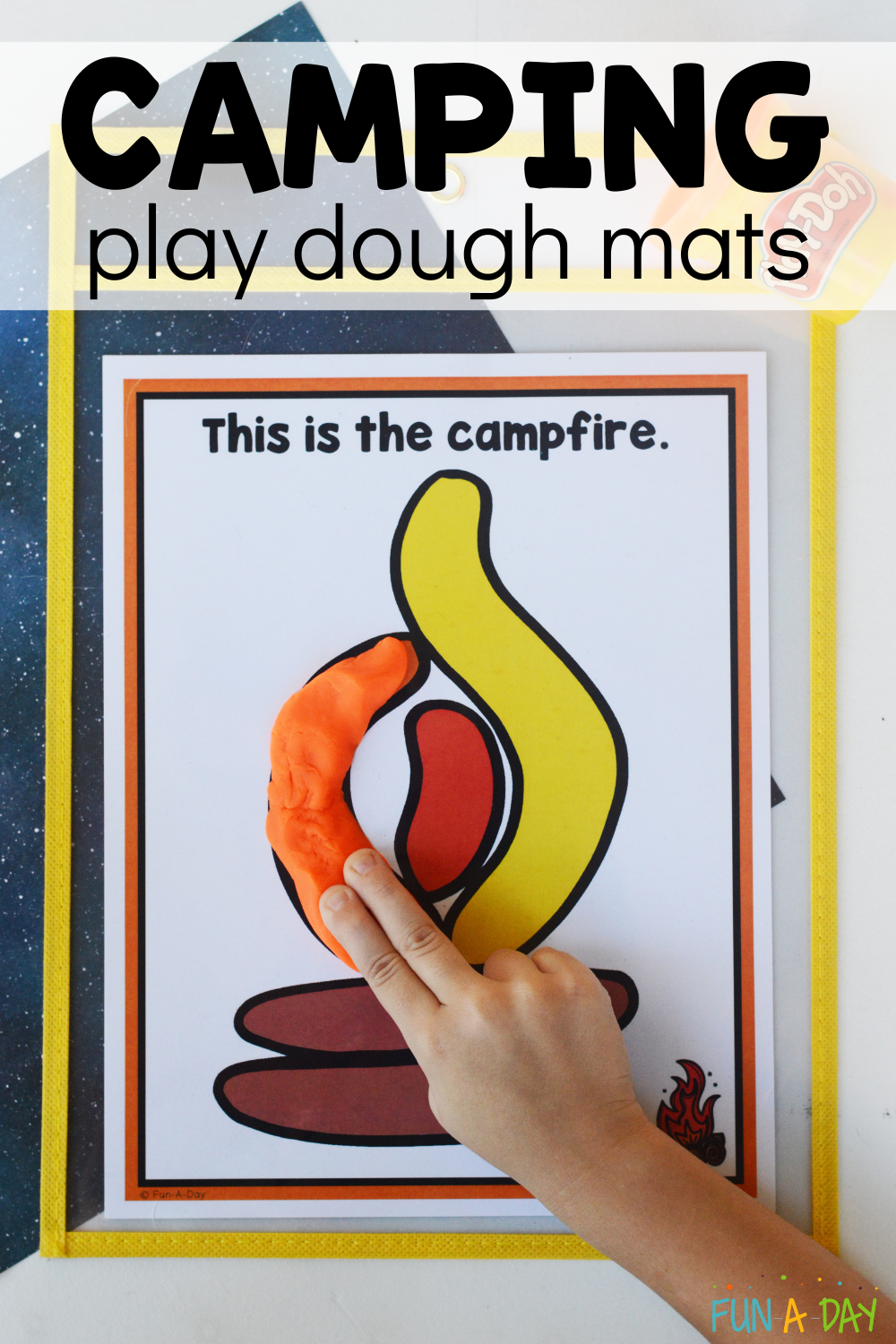 child using orange dough to make a campfire, with text that reads camping play dough mats