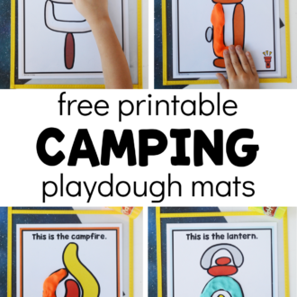 child making play dough creations with text that reads free printable camping playdough mats