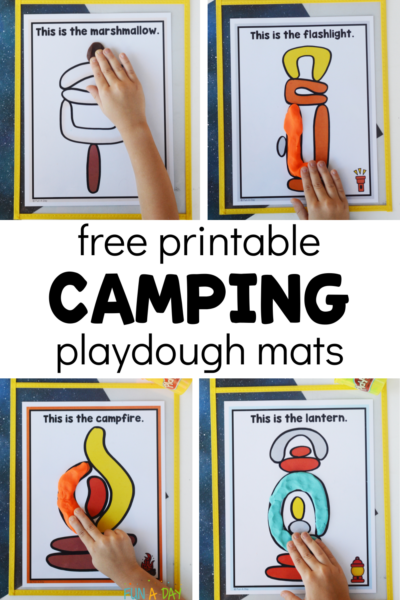 child making play dough creations with text that reads free printable camping playdough mats