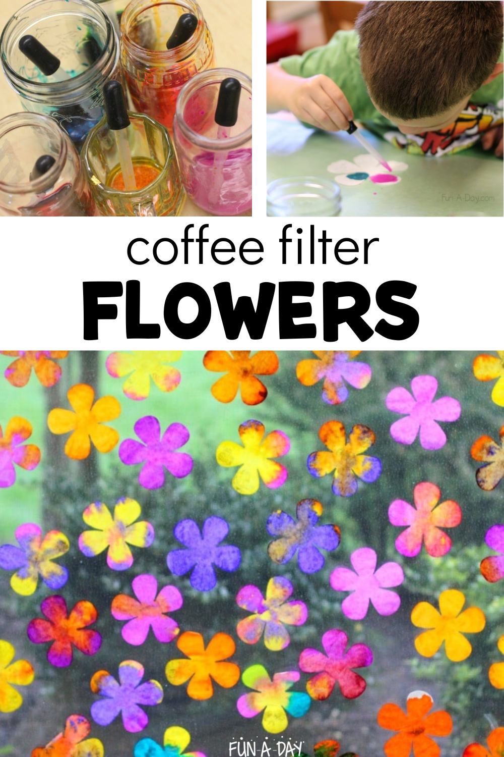 preschooler creating flower coffee filter art with text that reads coffee filter flowers