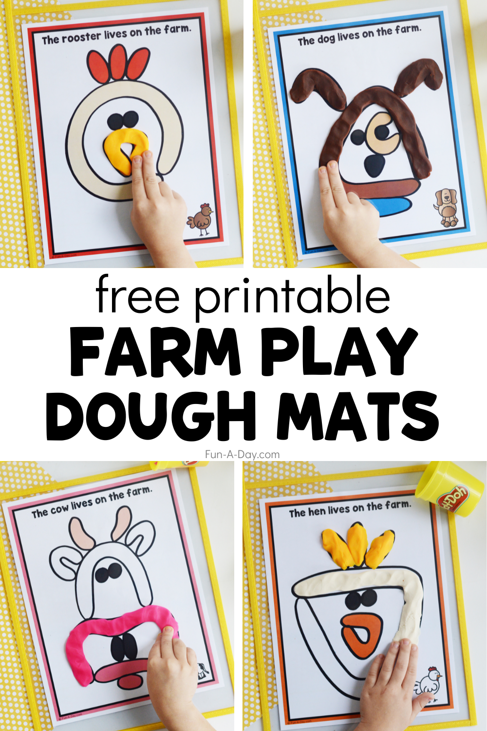 child using playdough to create farm animals with text that reads free printable farm play dough mats