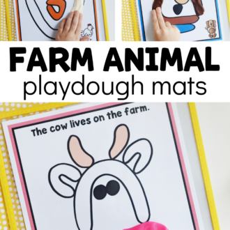 Hen, dog, and cow free printables with text that reads farm animal playdough mats