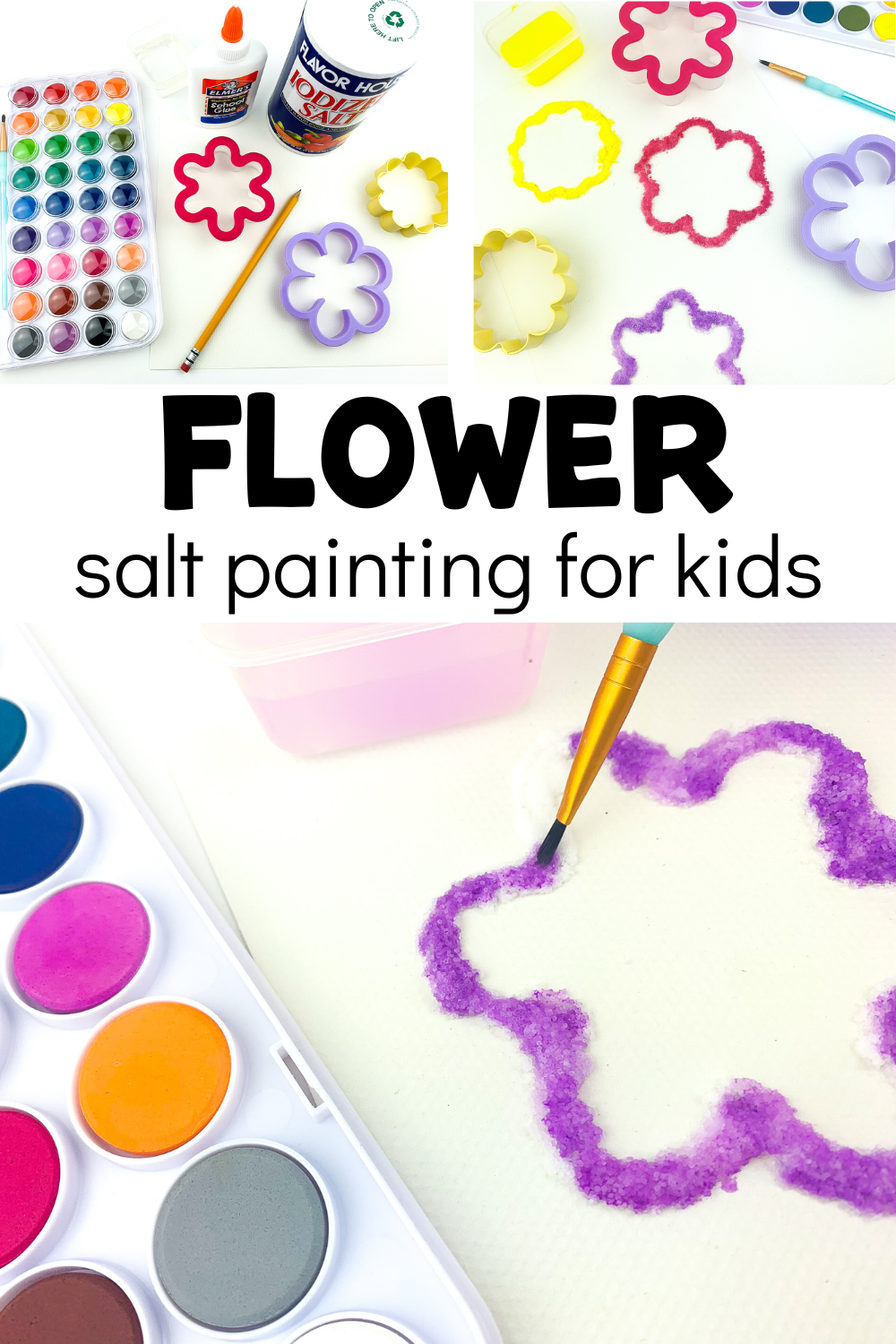 materials for salt art with text that reads flower salt painting for kids
