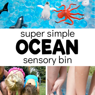 preschoolers playing in sea-themed bin with text that reads super simple ocean sensory bin