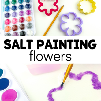 materials and in-action look at salt art with text that reads salt painting flowers