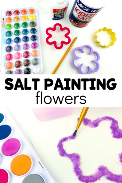 materials and in-action look at salt art with text that reads salt painting flowers