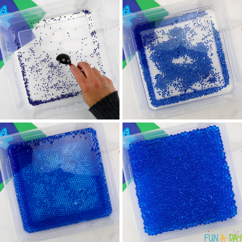 progression of blue water beads enlarging, ready for a sea sensory bin
