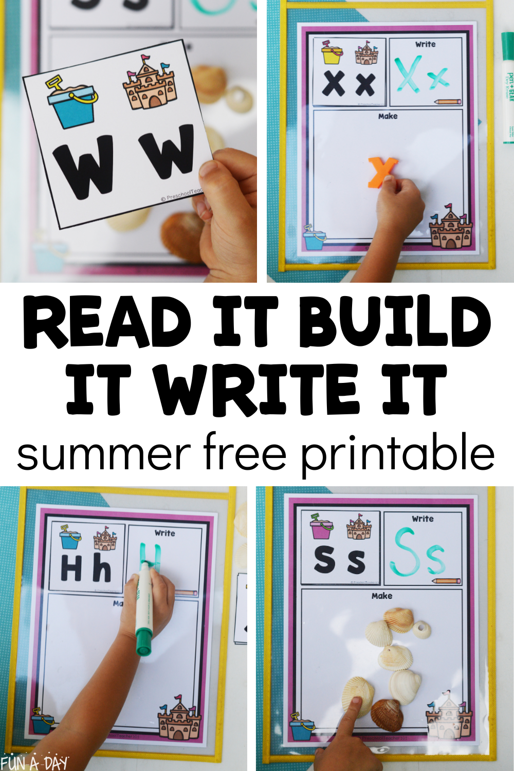 child using summer read it build it write it printable with markers, letters, and shells