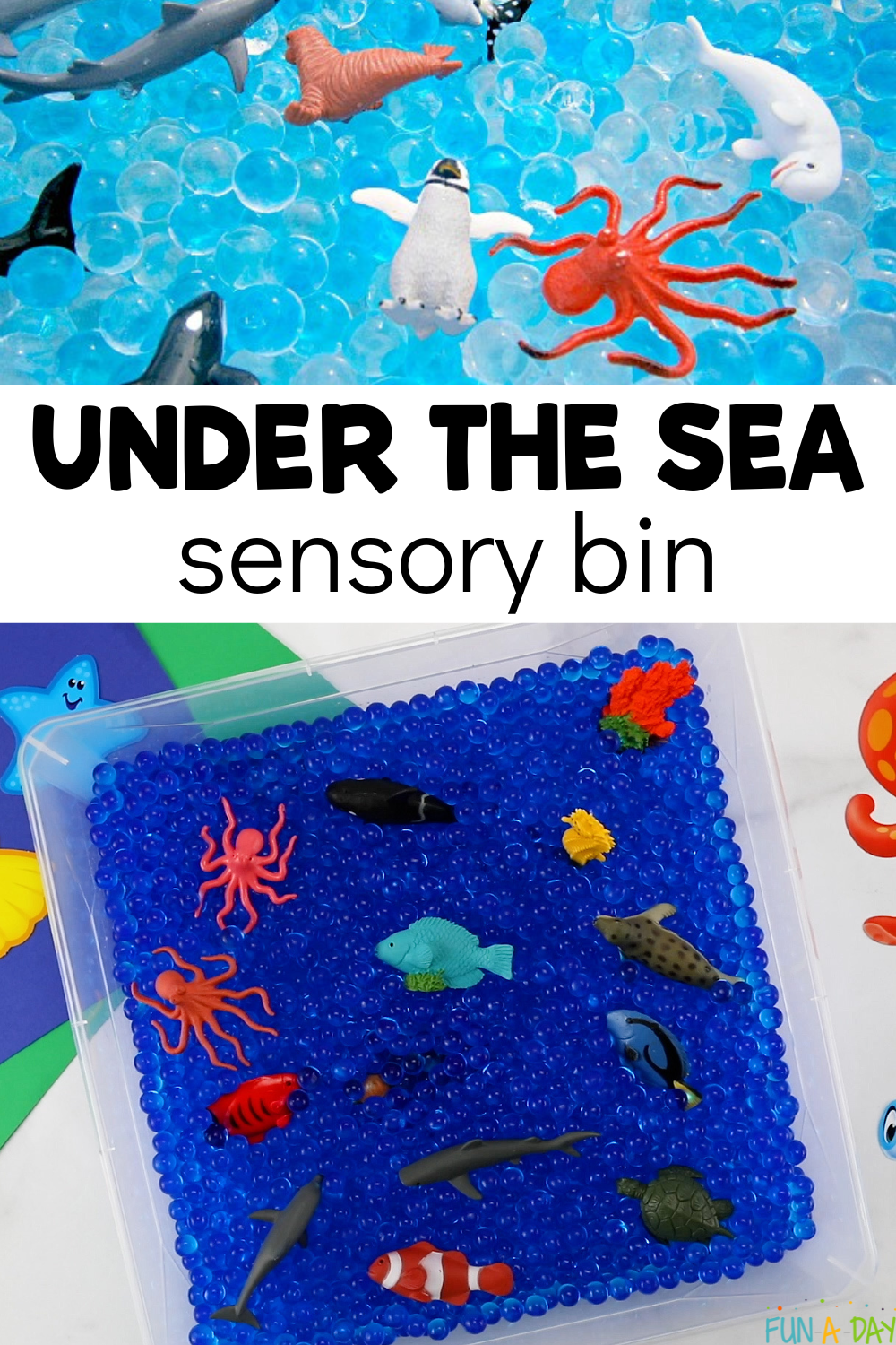 two looks at an ocean sensory bin for kids