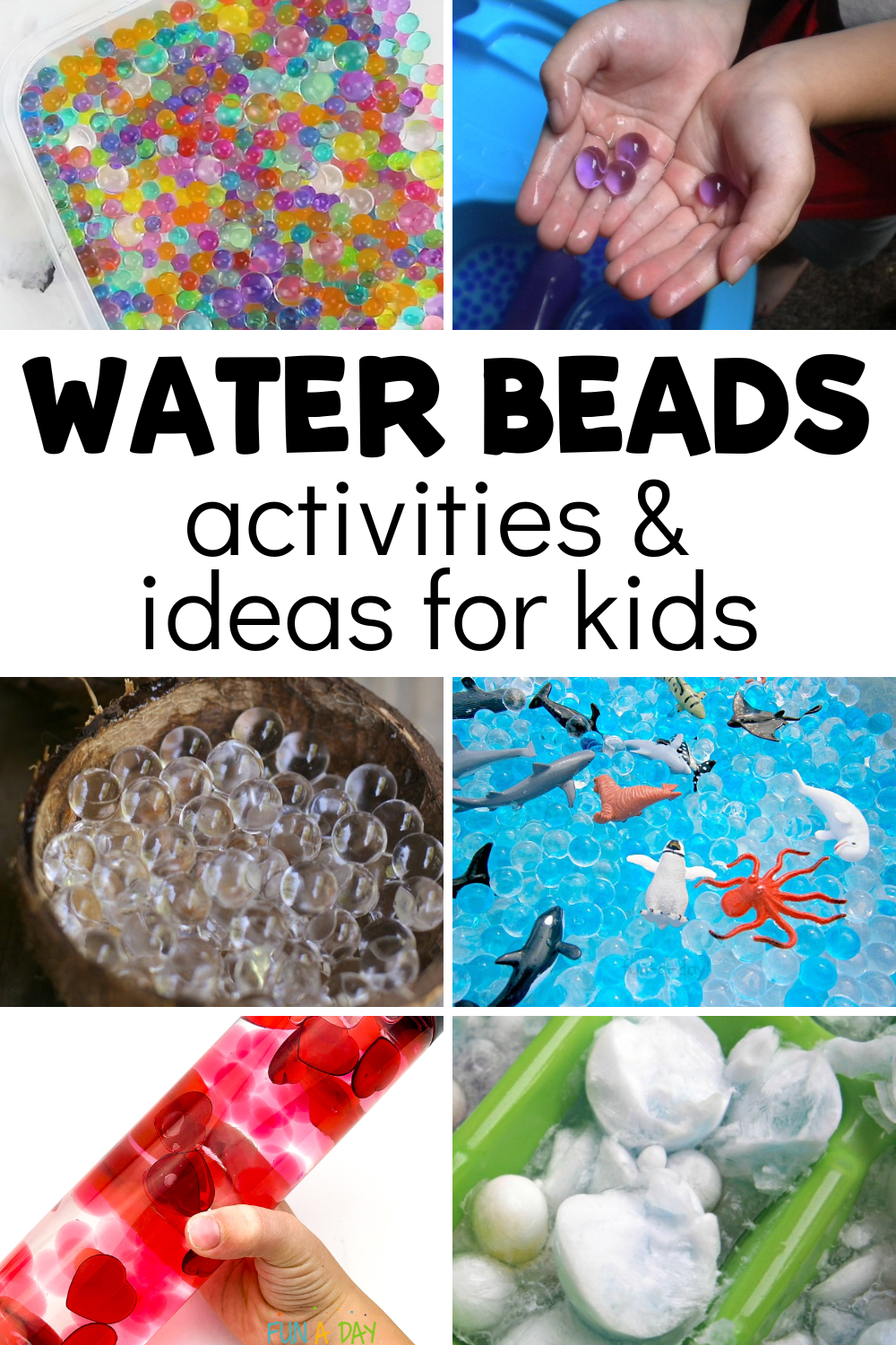 Kids using water beads with text that reads water beads activities and ideas for kids