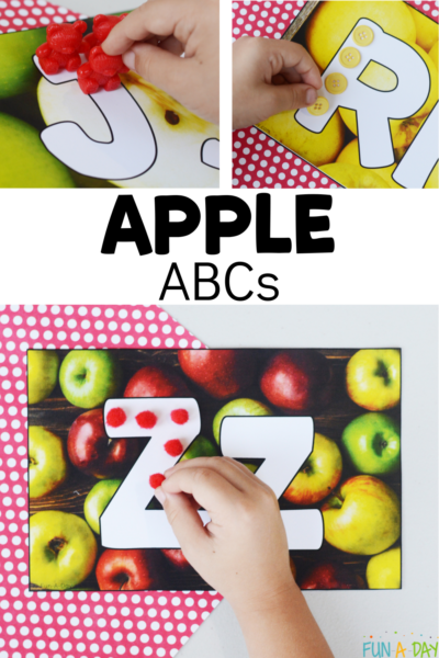 Preschooler using alphabet printable mats with text that reads apple ABCs