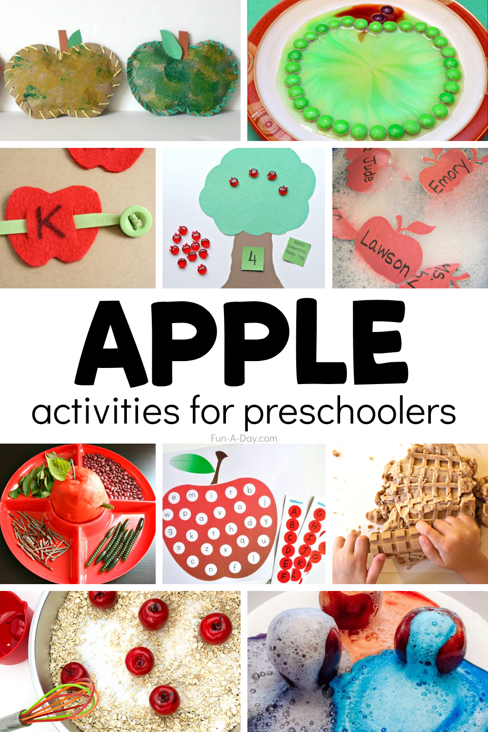 Collage of kids' apple ideas and text that reads apple activities for preschoolers