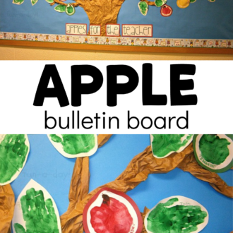 handprint apples and leaves surrounding a brown paper tree with text that reads apple bulletin board
