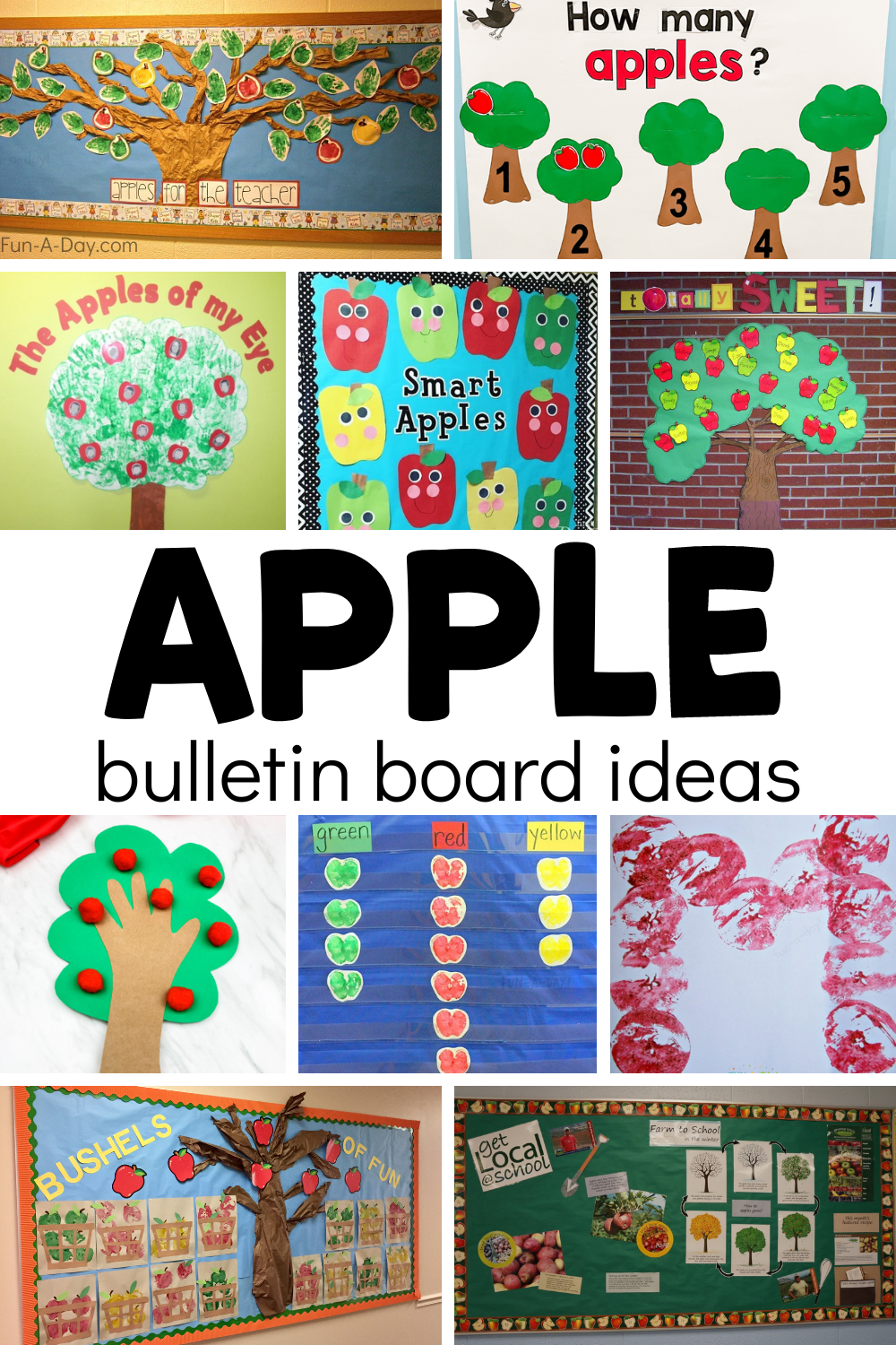 collage of classroom displays with text that reads apple bulletin board ideas