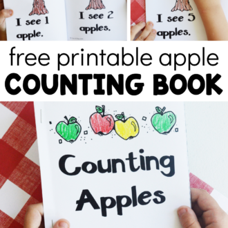 preschooler with apple emergent reader and text that reads free printable apple counting book