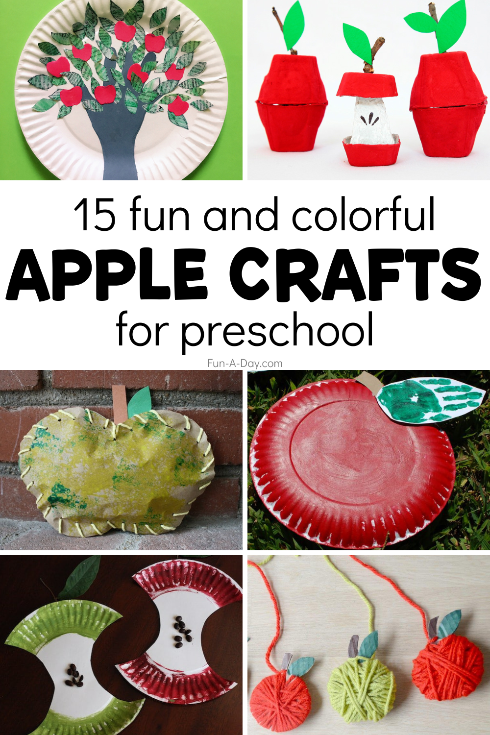 collage of apples with text that reads 15 fun and colorful apple crafts for preschool