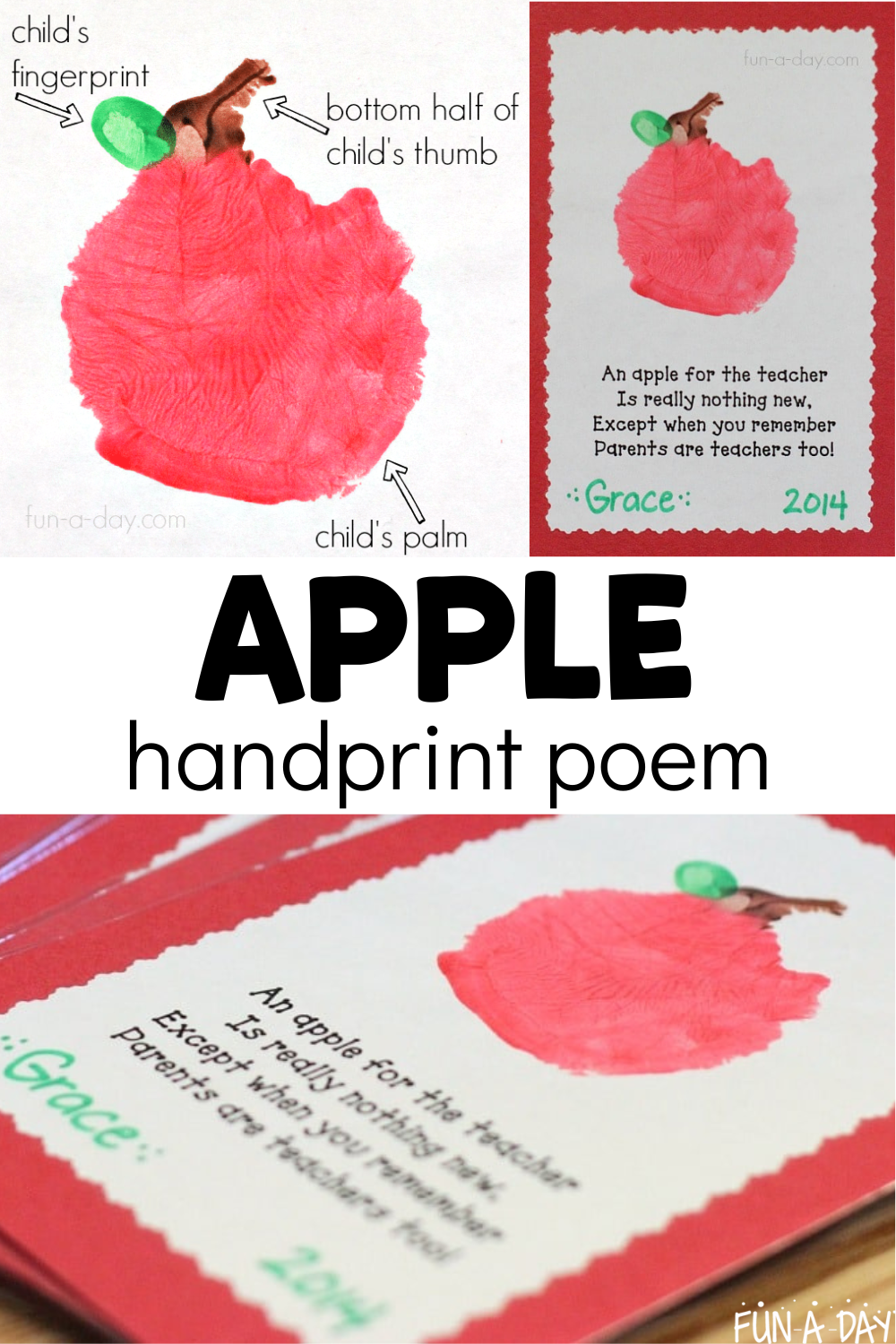 preschool hand print art used as gift with text that reads apple handprint poem
