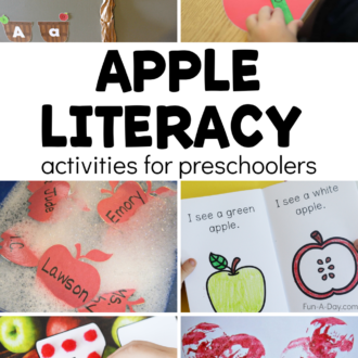 6 apple ideas with text that reads apple literacy activities for preschoolers