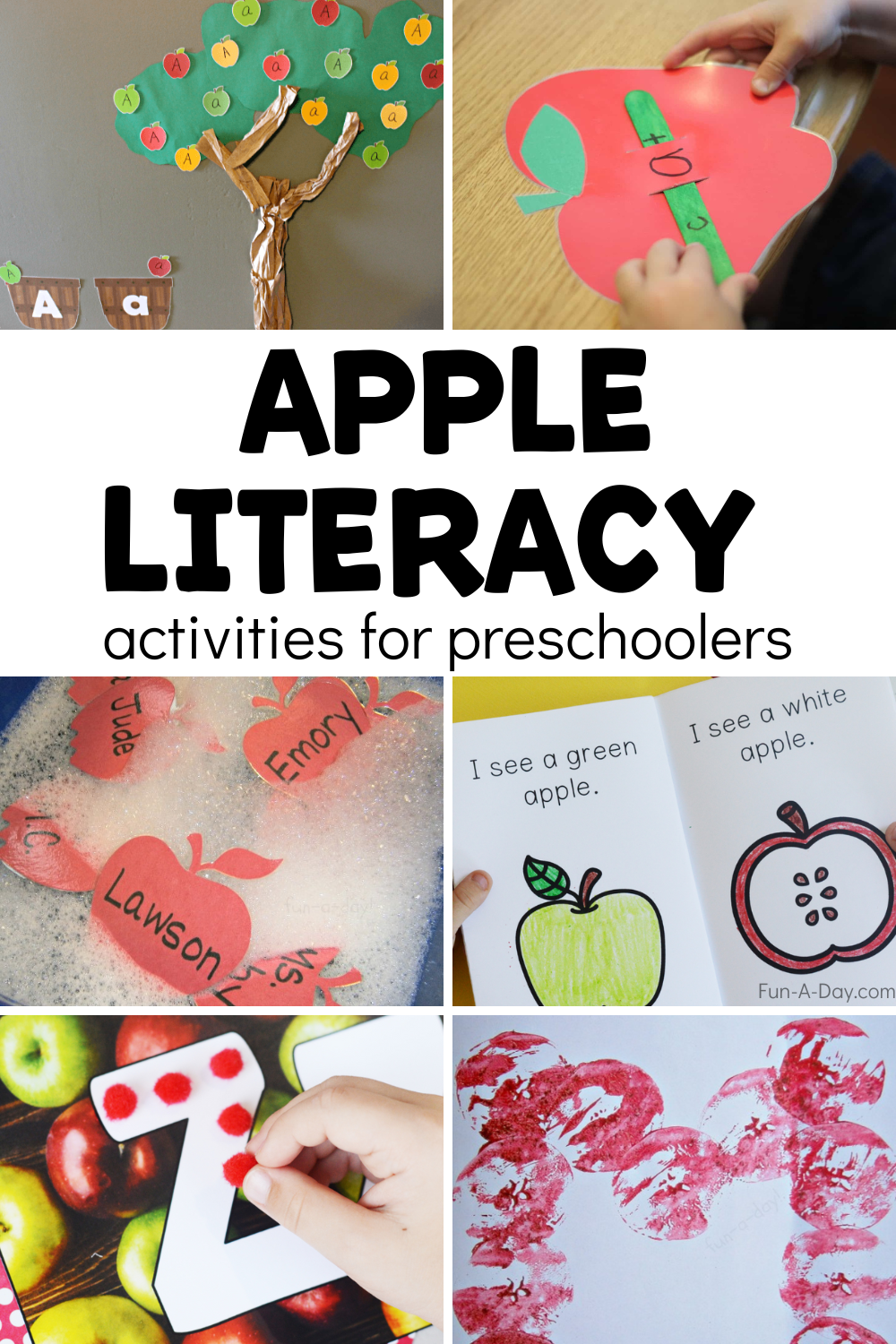 6 apple ideas with text that reads apple literacy activities for preschoolers