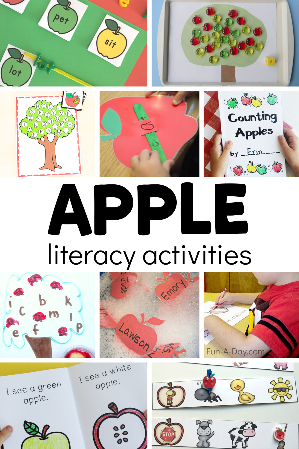 Collage of apple ideas for kids with text that reads apple literacy activities