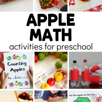 collage of kids' apple ideas with text that reads apple math activities for preschool