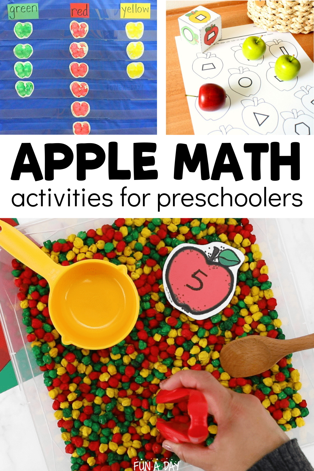 3 apple ideas with text that reads apple math activities for preschoolers