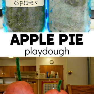 jar of vanilla spice mix and play dough apples with text that reads apple pie playdough