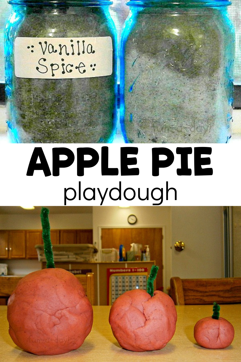 jar of vanilla spice mix and play dough apples with text that reads apple pie playdough