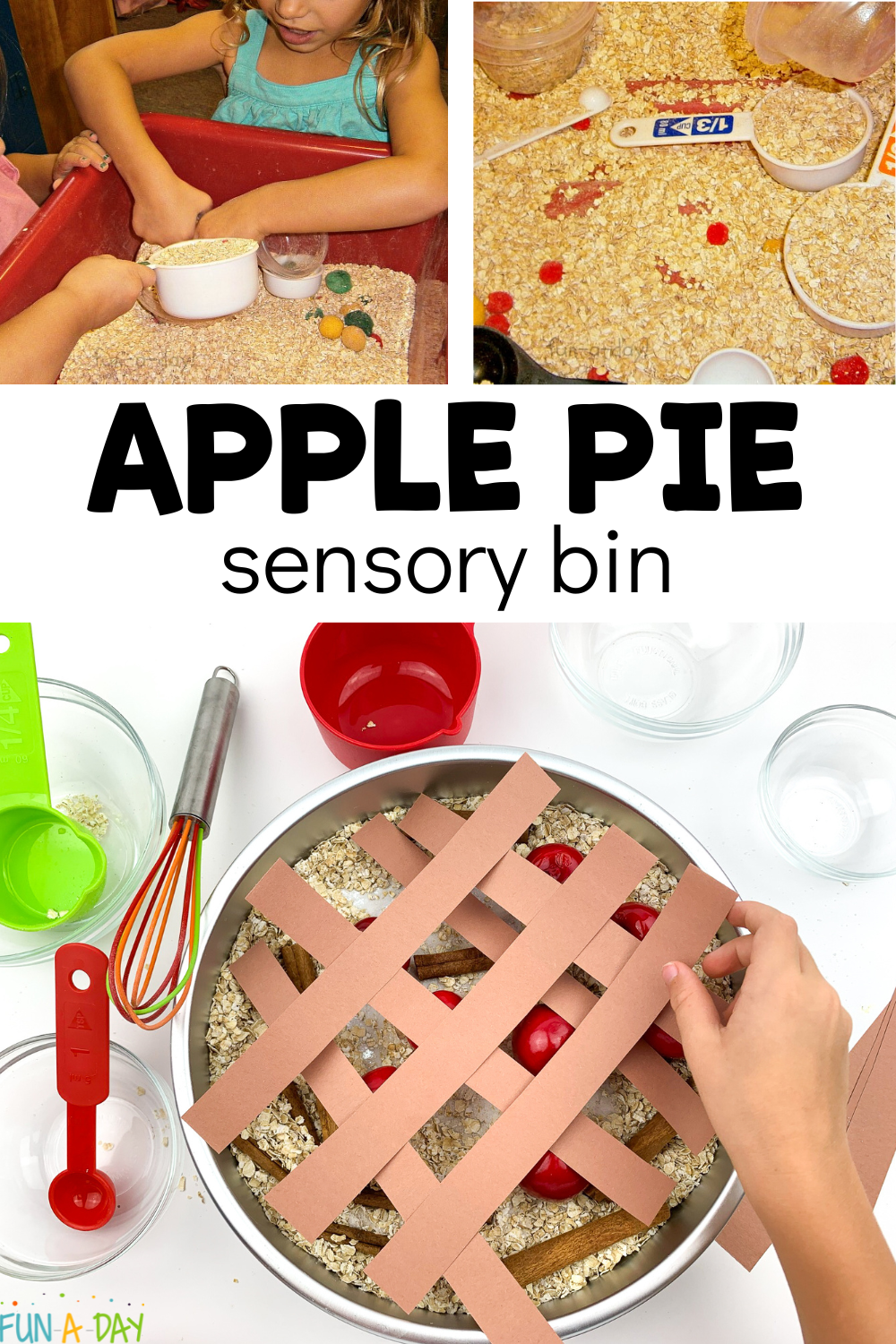 preschoolers playing with mix of oats, spices, and pretend apples, with text that reads apple pie sensory bin