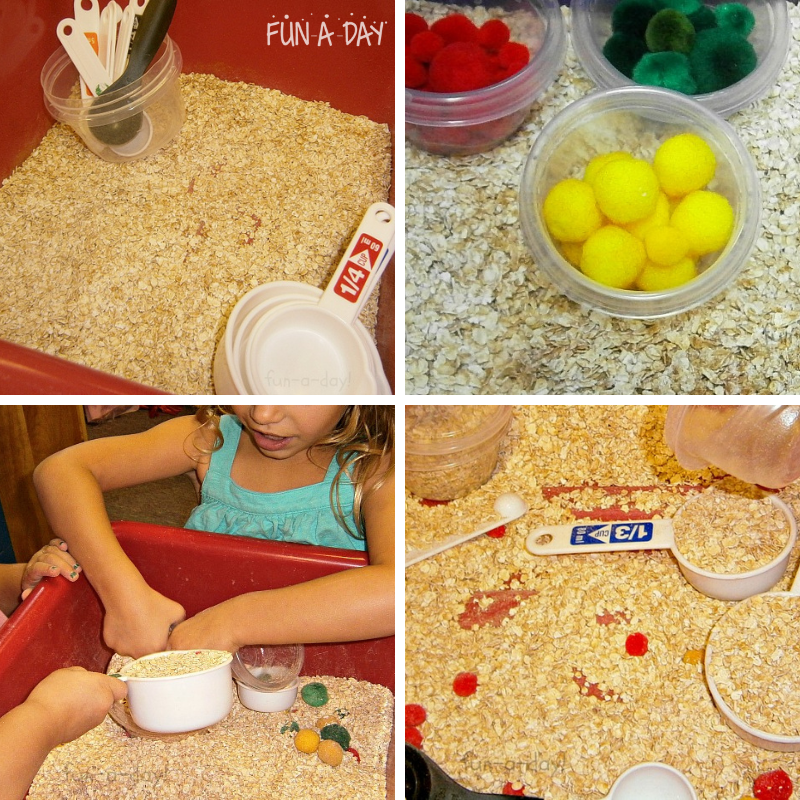 apple pie sensory bin filled with oats, spices, pompoms, measuring cups, and measuring spoons