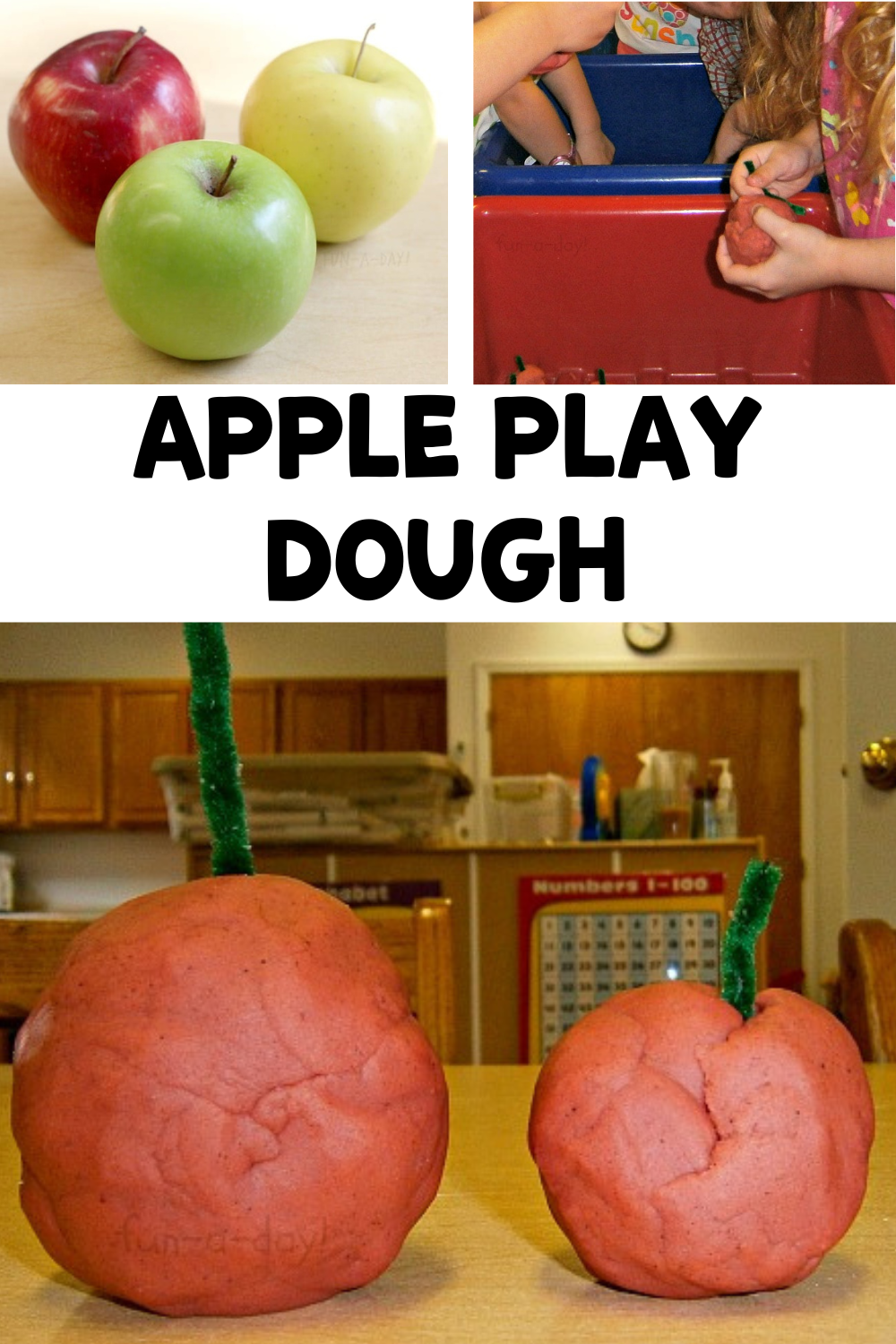 preschoolers making apples in sensory bin with text that reads apple play dough