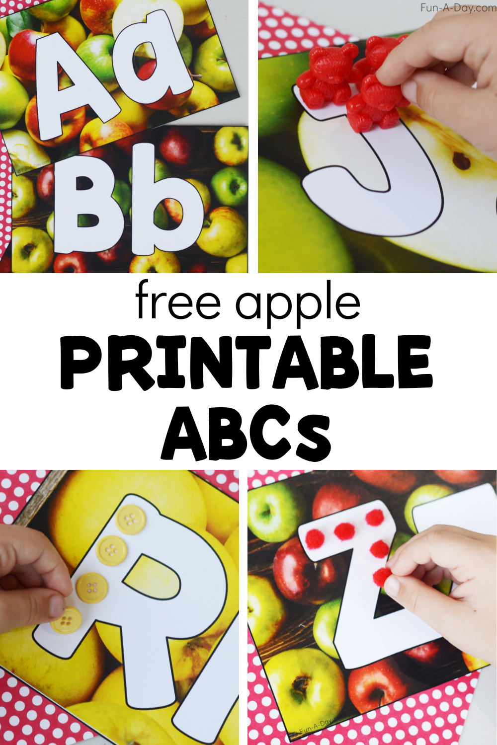 preschooler using apple ABCs in different ways with text that reads free apple printable ABCs