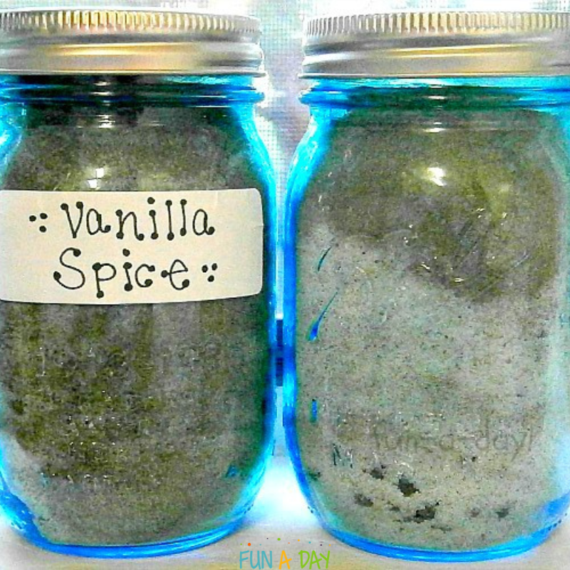2 glass jars filled with salt and spices, labeled vanilla spice
