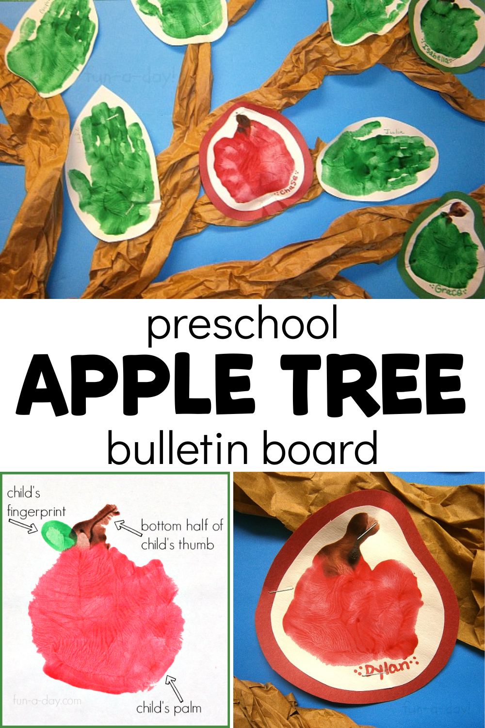 Apple handprints up on a wall with text that reads preschool apple tree bulletin board
