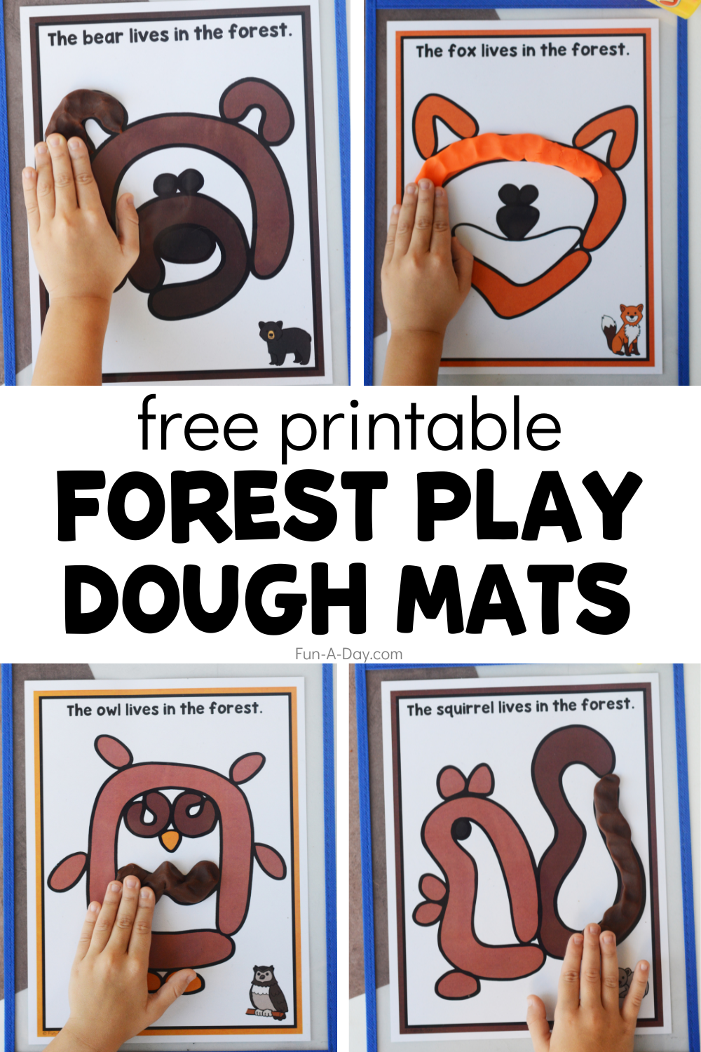 Child making forest animals with playdough, with text that reads free printable forest play dough mats