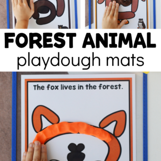 preschooler using dough to make bear, owl, and fox with text that reads forest animal playdough mats