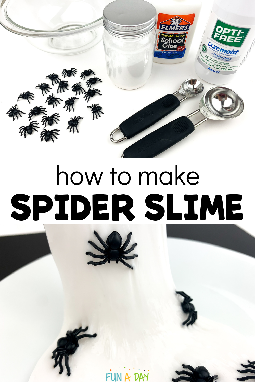 slime ingredients, slime being stretched, with text that reads how to make spider slime