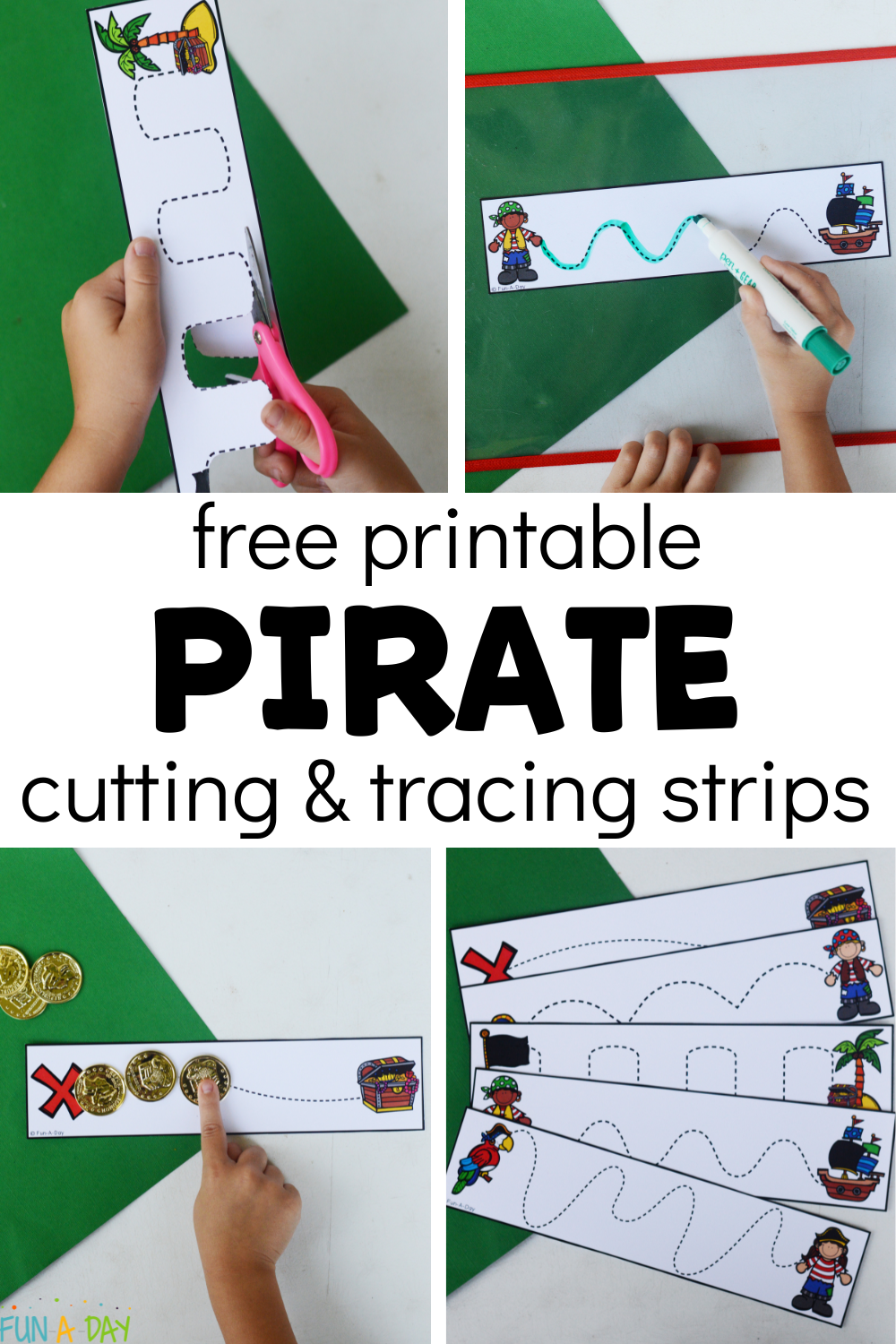child using cutting practice sheets with text that reads free printable pirate cutting & tracing strips