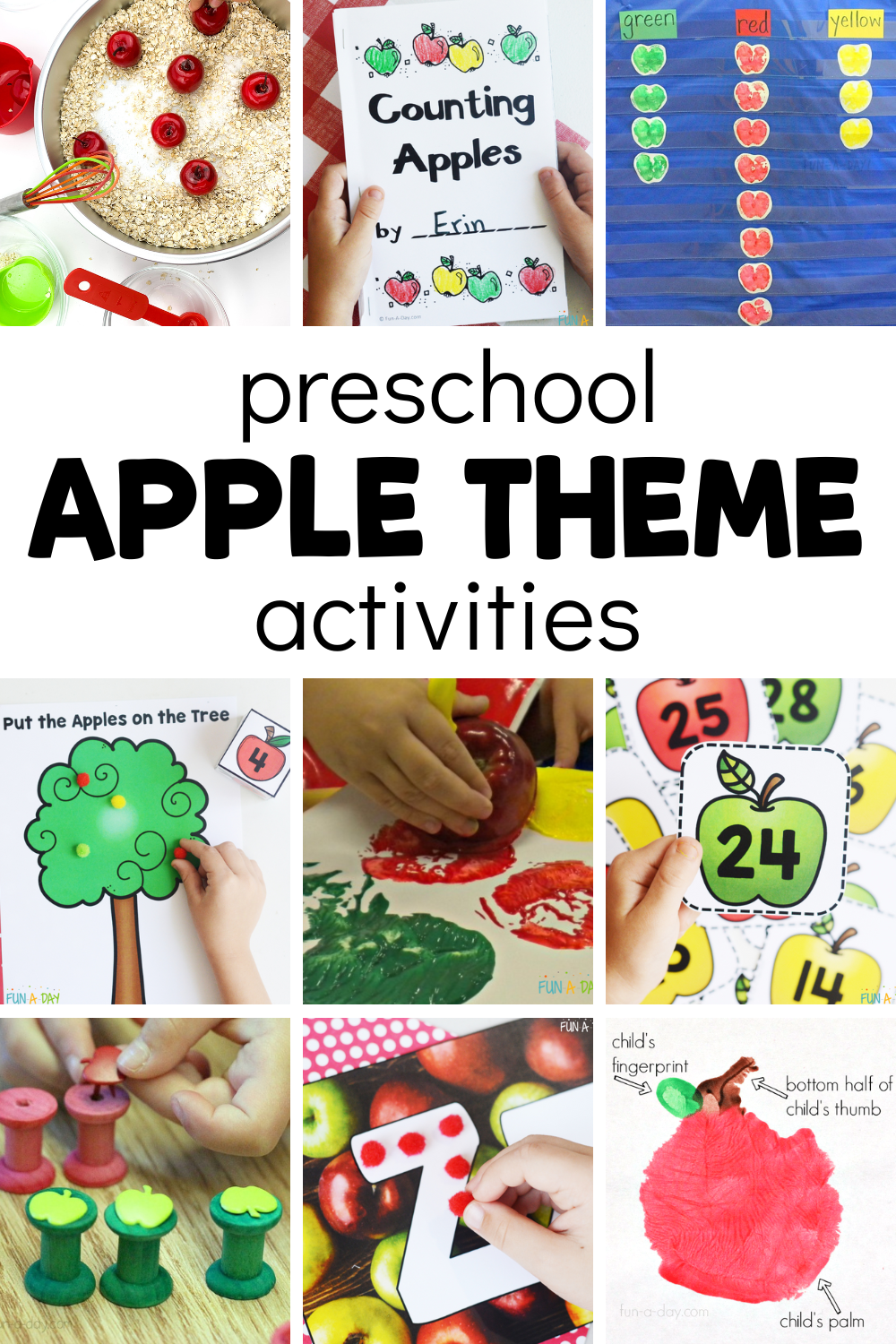 9 apple ideas with text that reads preschool apple theme activities