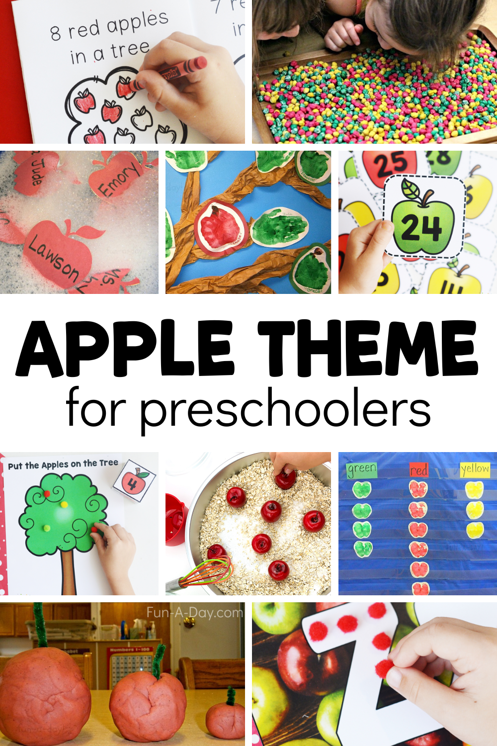 Collage of apple activities with text that reads apple theme for preschoolers