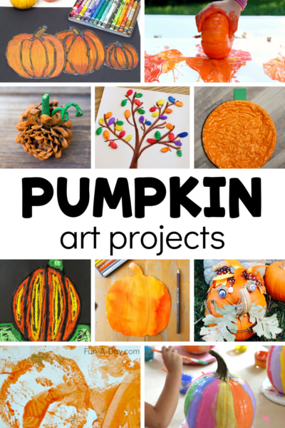 Collage of kids' pumpkin activities with text that reads pumpkin art projects