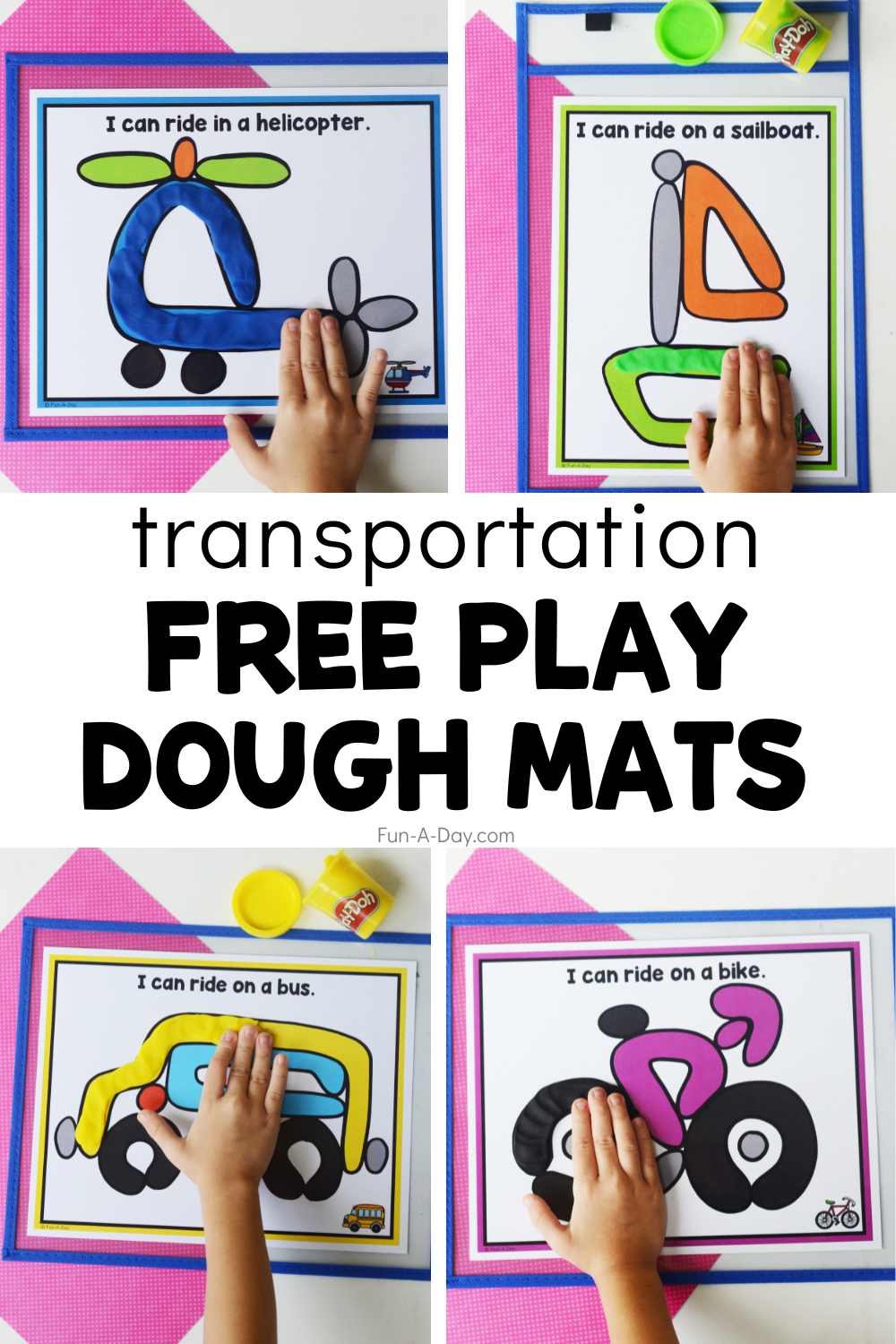 preschooler using play dough on multiple sheets with text that reads transportation free play dough mats
