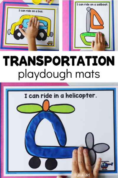 child using play dough on 3 mats with text that reads transportation playdough mats