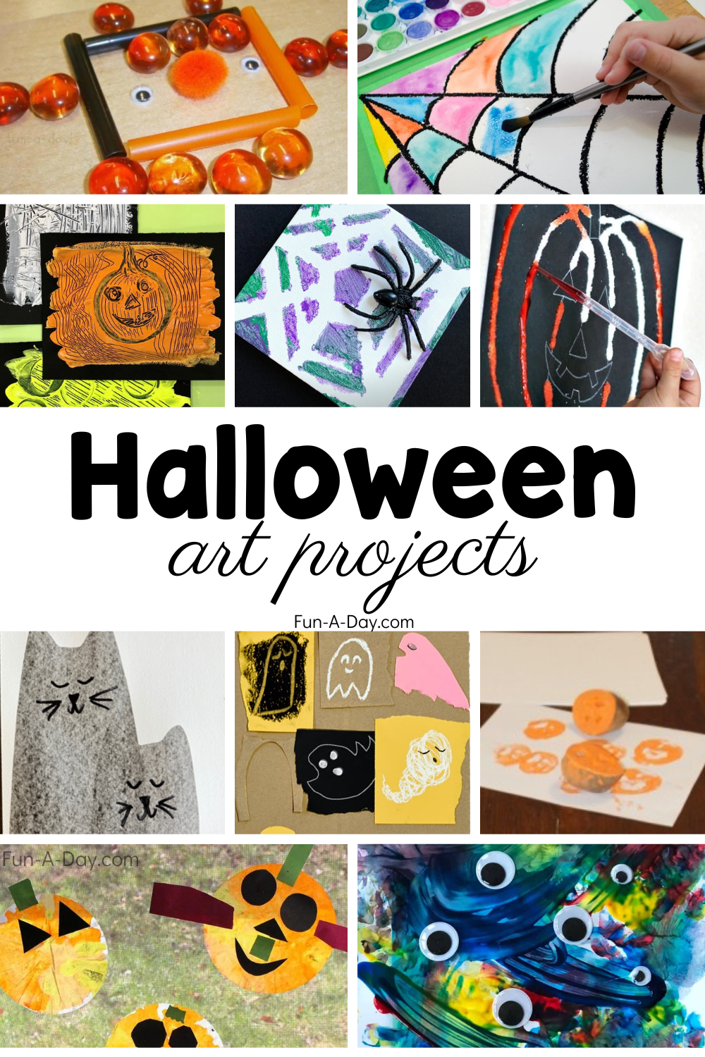 Preschool art project ideas with text that reads Halloween art projects.