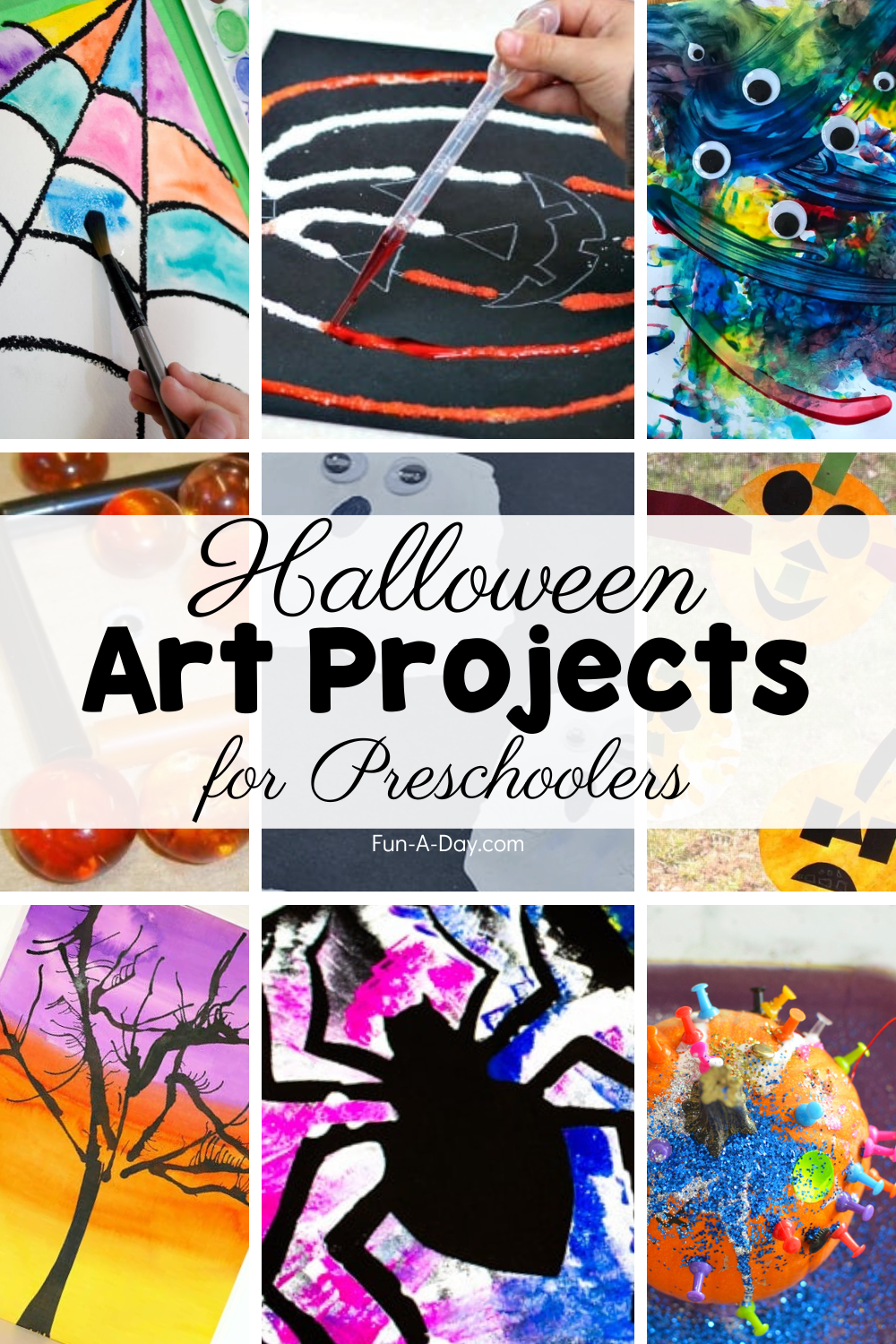 Preschool Halloween art project ideas with text that reads Halloween art projects for preschoolers.