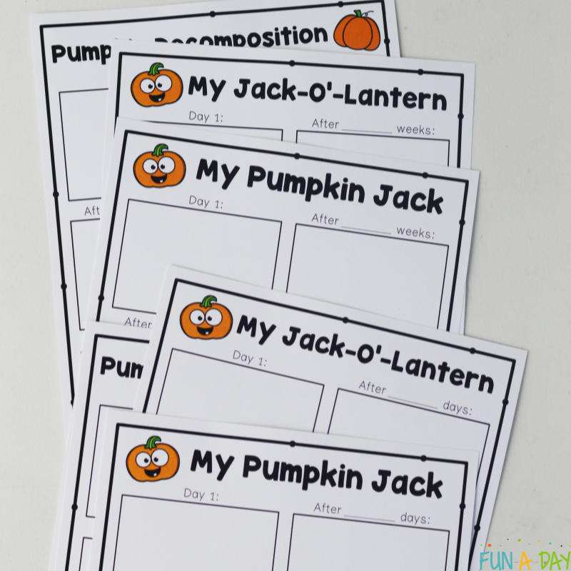 pumpkin decomposition printables in a messy pile
